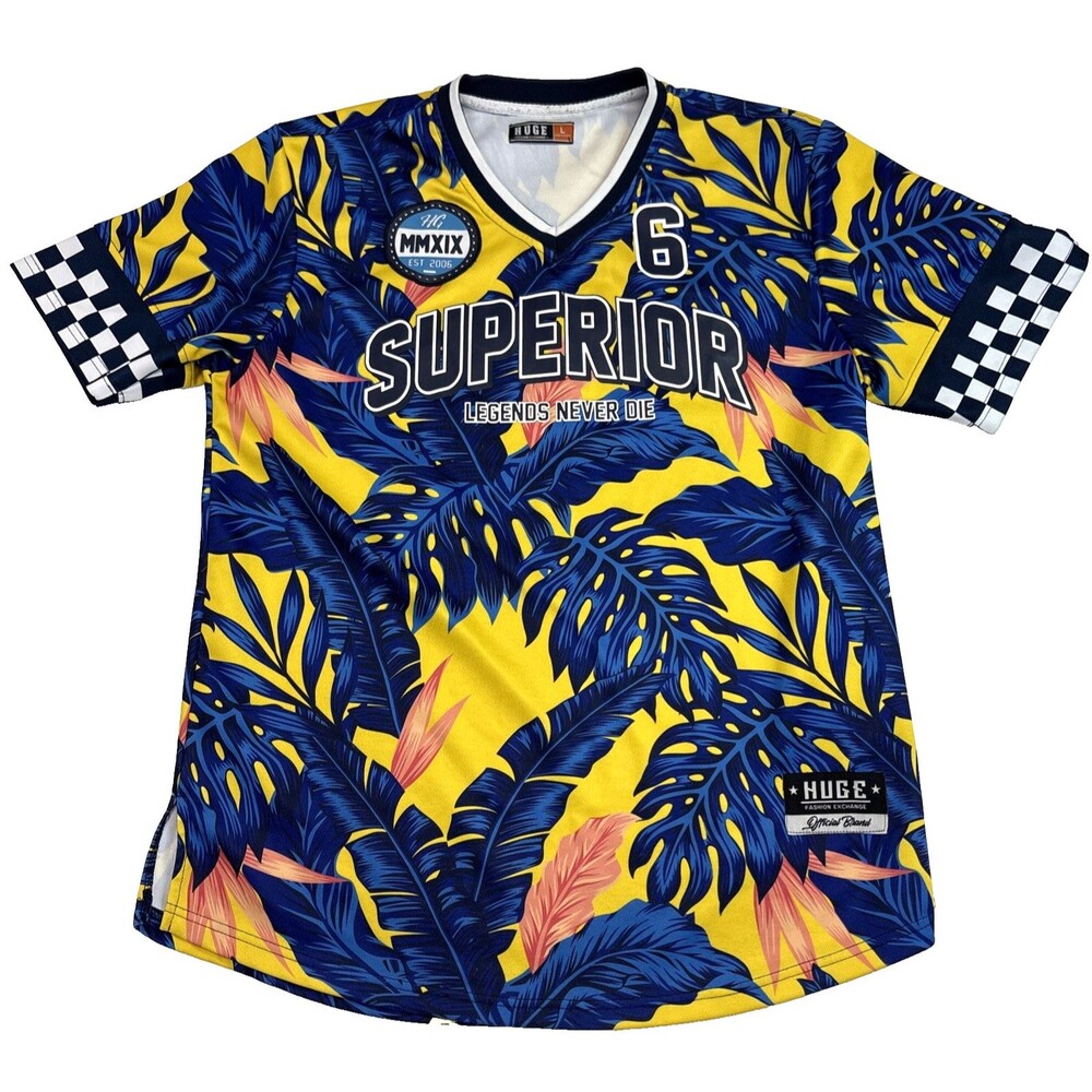 HUGE Fashion Exchange Mens Large Superior Tropical Floral Jersey shirt Blue Yell
